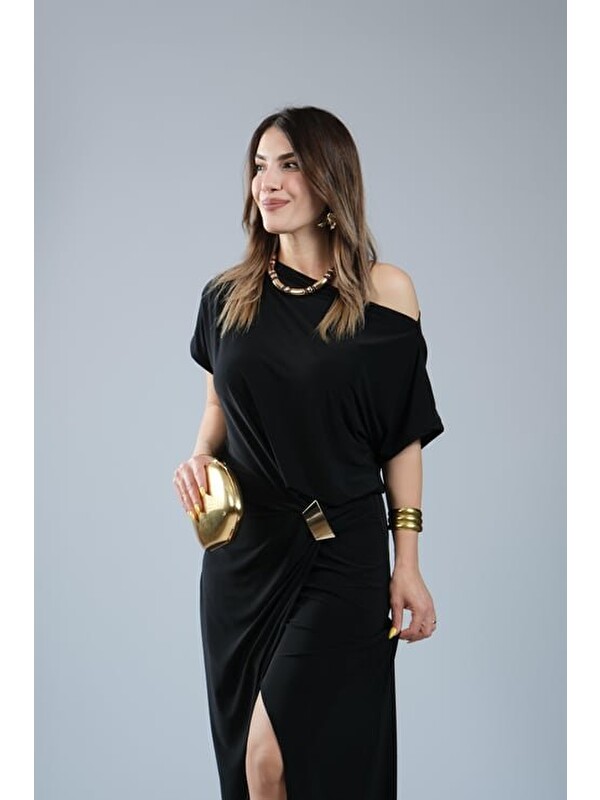 Jane's Kadın Kısa Kollu Tek Omuzdan Açık Beli Lastikli Sandy Maxi Elbise