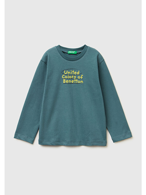United Colors Of Benetton Erkek Çocuk Gri-Yeşil Önü Logo Baskılı Jarse Uzun Kollu T-shirt