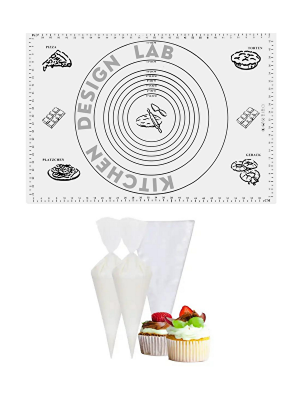 Kitchen Design Lab 2'li Set Beyaz 45x65 Cm Silikon Hamur Açma Matı Ve Kullan At Krema Torbası