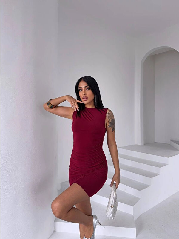 Hazelin Kadın Bordo Beli Drapeli Sandy Kumaş Mini Elbise HZL25S-FRY122981