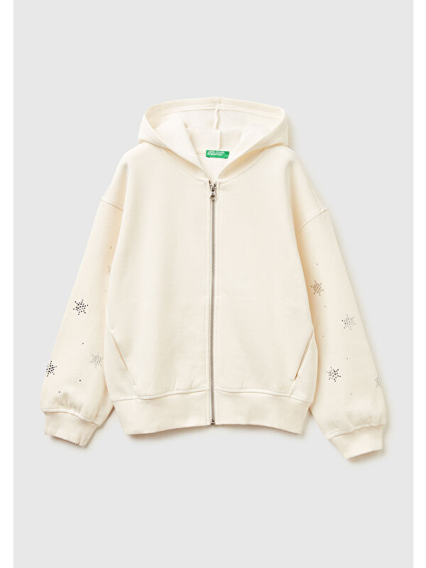 United Colors Of Benetton Kız Çocuk Ekru Kristal Aplikeli Logo Detaylı Fermuarlı Kapüşonlu Sweatshirt