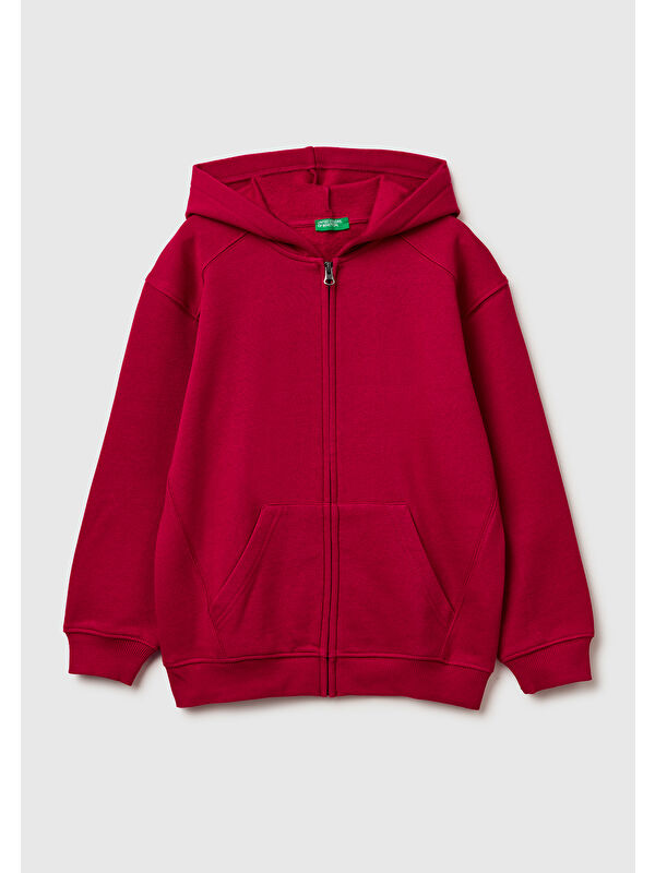 United Colors Of Benetton Erkek Çocuk Gri-Yeşil Baskılı Cepli Fermuarlı Kapüşonlu Sweatshirt