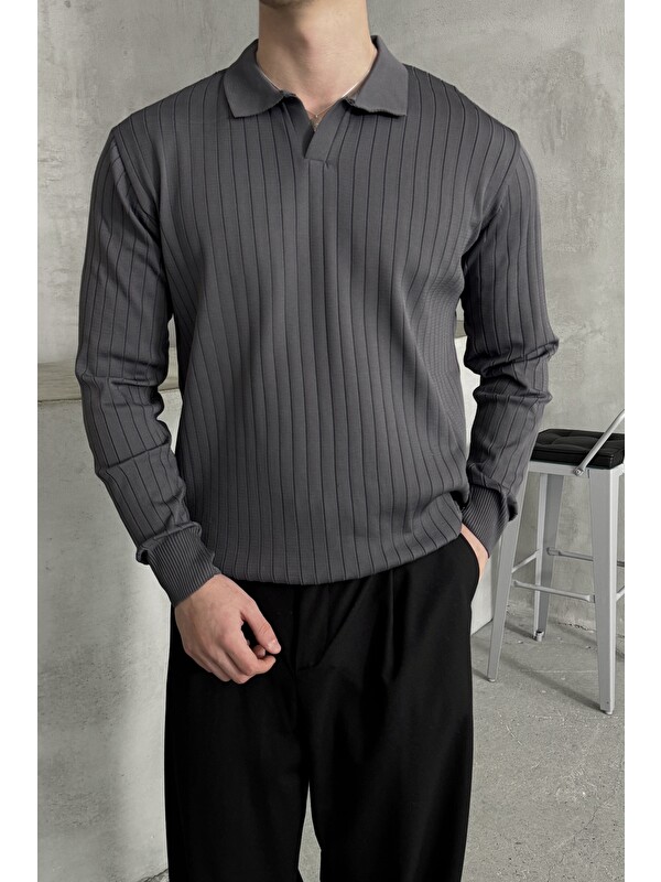 HYMAN Erkek Polo Yaka Fitilli Oversize Triko Kazak
