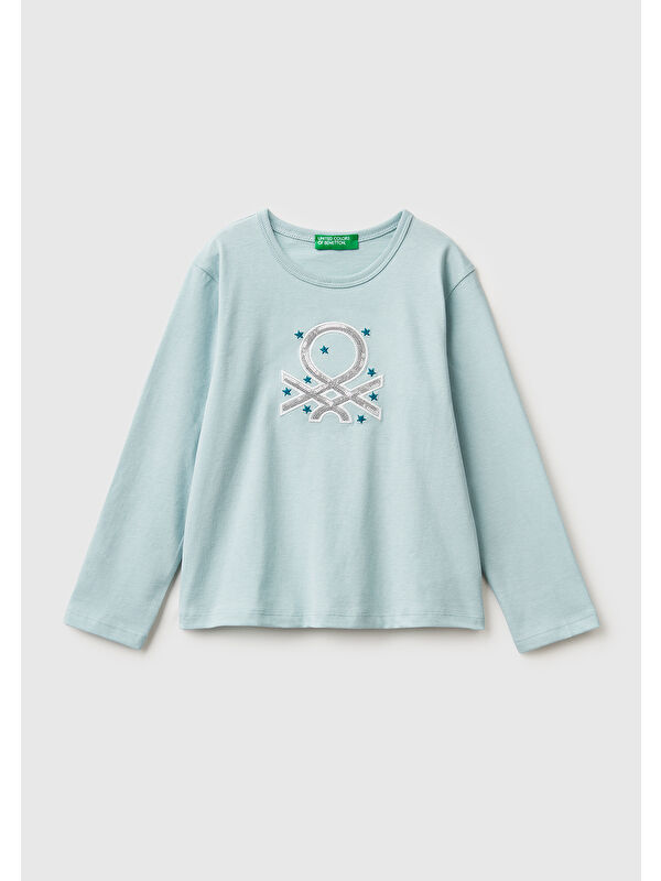 United Colors Of Benetton Kız Çocuk Su Yeşili Baskılı Payetli Regular Fit Uzun Kollu T-shirt
