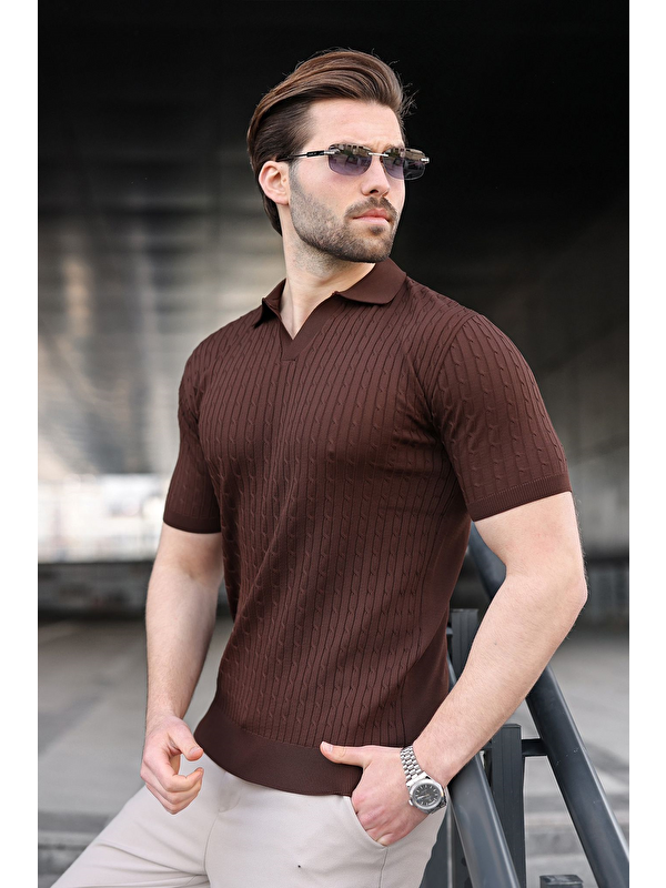 Madmext Kahverengi Slim Fit Polo Yaka Triko Erkek Tişört E7472