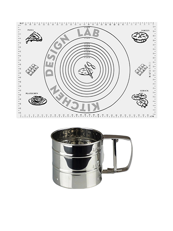 Kitchen Design Lab Beyaz 1. Sınıf Kaliteli Silikon Ölçülü Çok Amaçlı Hamur Açma Matı 45 Cm X 65 Cm Ve Çelik Un Eleği