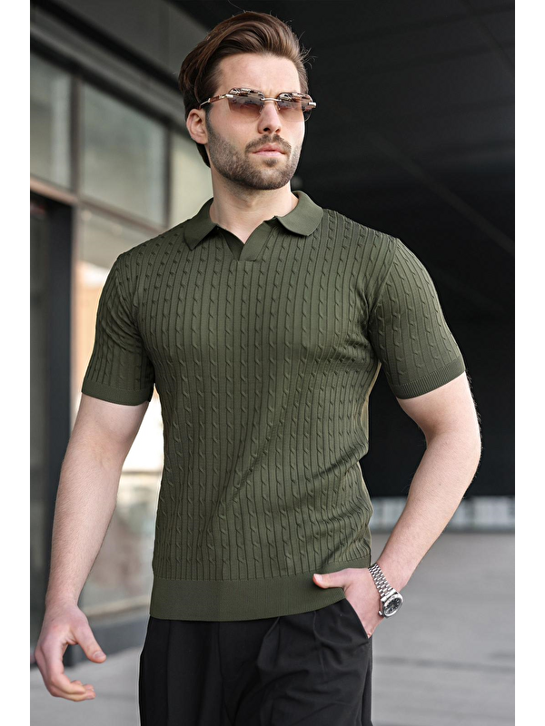Madmext Haki Slim Fit Polo Yaka Triko Erkek Tişört E7472