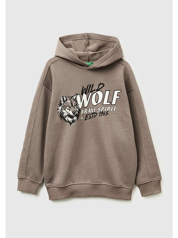 United Colors Of Benetton Erkek Çocuk Haki Kahve Önü Baskılı Düşük Omuzlu Kapüşonlu Sweatshirt