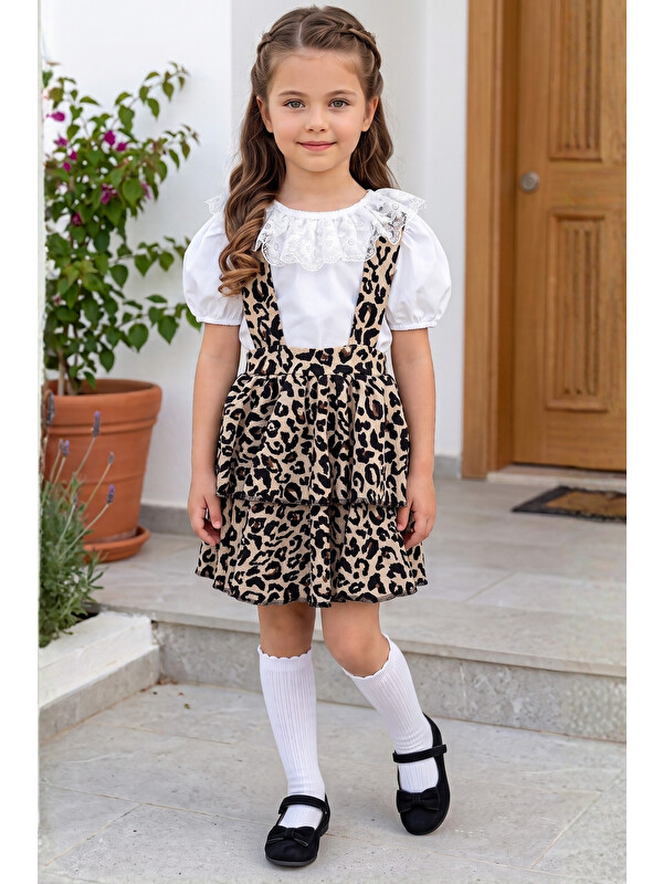 Parla Kids Kız Çocuk Helen Leopar Askılı Bağlama Jile 29 Ekim Elbise Ekru Dantel Kısa Kollu Bluz Abiye Takım