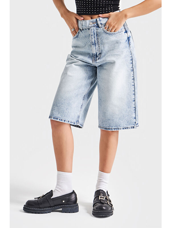 It's Basic Kadın Snow Jean Rengi 4S5 3 Maxi Boy Kemer Detaylı  100 Pamuk Yüksek Bel Uzun Denim Şortolon