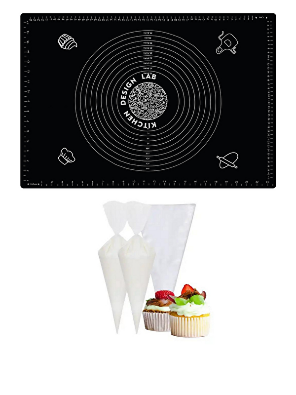 Kitchen Design Lab 2'li Set Siyah 45x65 Cm Silikon Hamur Açma Matı Ve Kullan At Krema Torbası