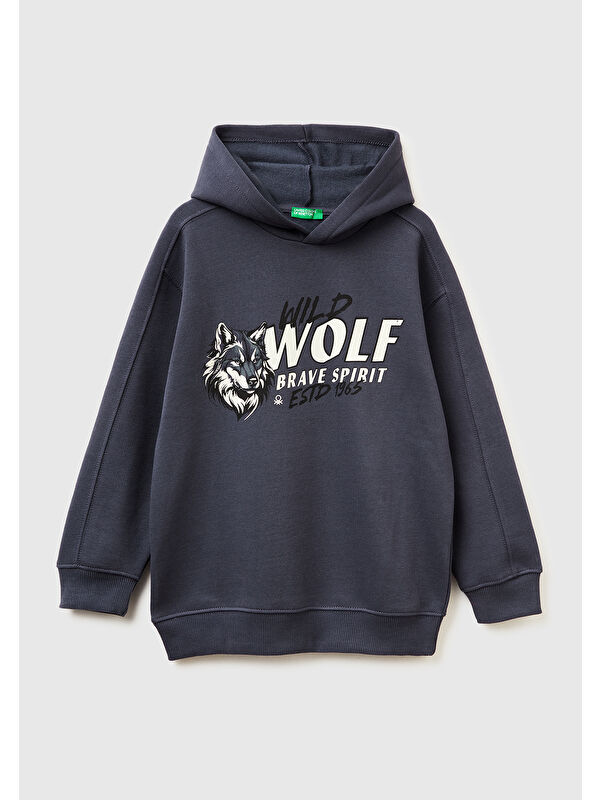 United Colors Of Benetton Erkek Çocuk Koyu Gri Önü Baskılı Düşük Omuzlu Kapüşonlu Sweatshirt