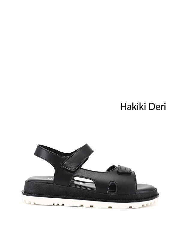 GÖNDERİ(R) Kadın SİYAH Cırt Bantlı Hakiki Deri Sandalet
