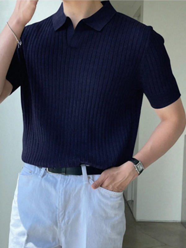 Tarz Cool Lacivert Erkek Fitilli Polo Yaka Triko Tişört