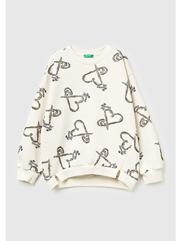 United Colors Of Benetton Kız Çocuk Ekru Tamamı Baskılı Logo Etiketi Detaylı Yırtmaçlı Sweatshirt