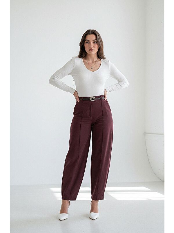 Madmext Mürdüm Modern Kesim Kemerli Yüksek Bel Bol Paça Kumaş Pantolon Mg2618