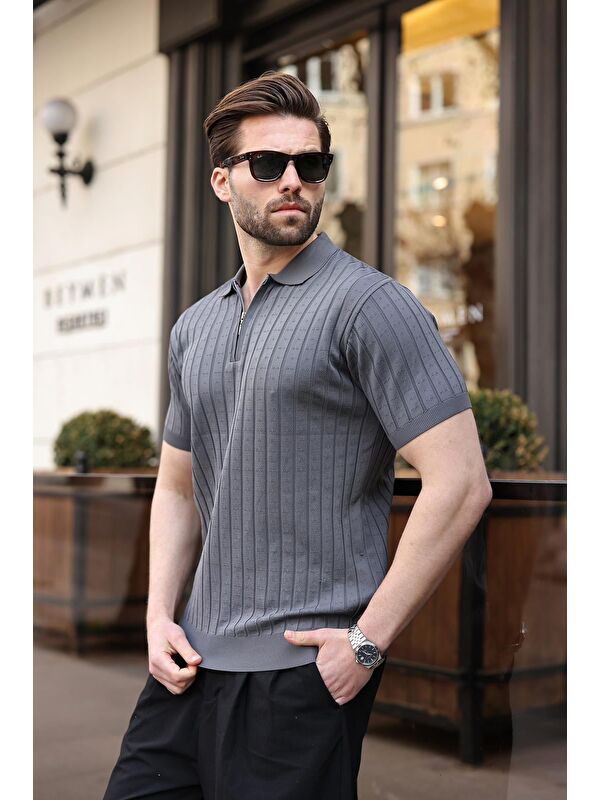 Madmext Antrasit Polo Yaka Slim Fit Triko Erkek Tişört E7465