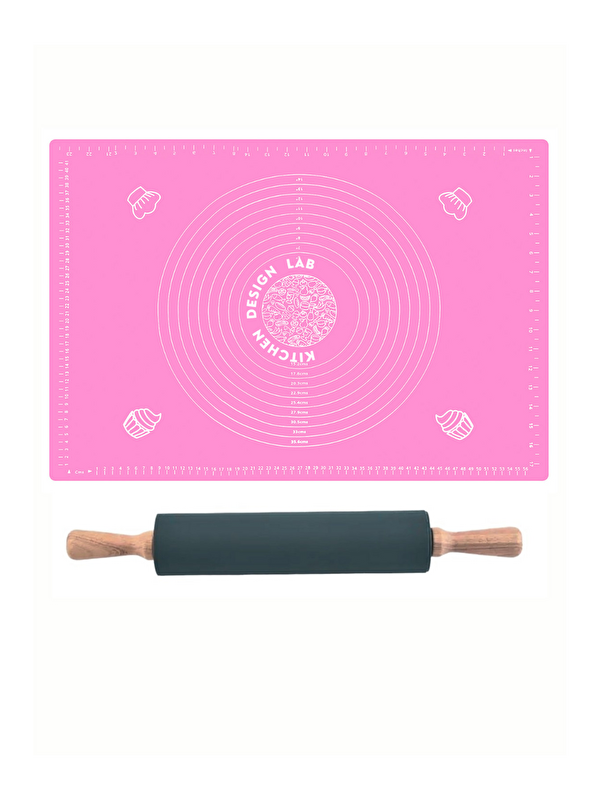 Kitchen Design Lab Pembe 45x65 Cm Silikon Hamur Açma Matı Ve Bambu Saplı Silikon Merdane