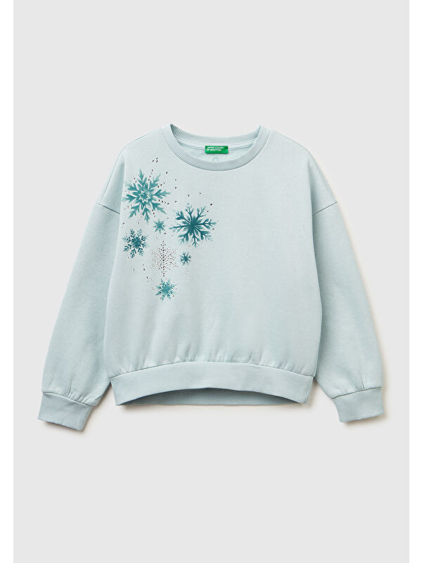 United Colors Of Benetton Kız Çocuk Su Yeşili Önü Kristal Aplikeli Logo İşlemeli Ribanalı Sweatshirt