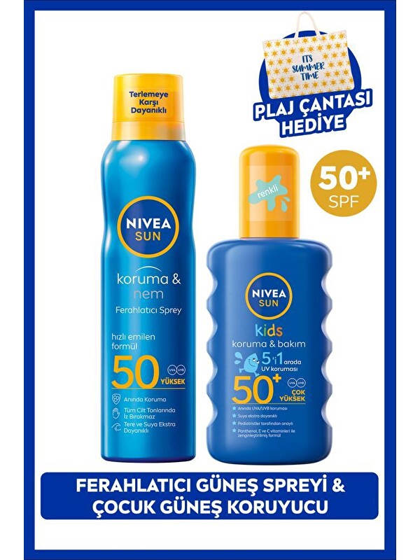 NIVEA SUN SPF50 Yetişkin ve Çocuklara Özel Güneş Koruyucu Sprey Seti, Plaj Çantası Hediye, Suya Dayanıklı