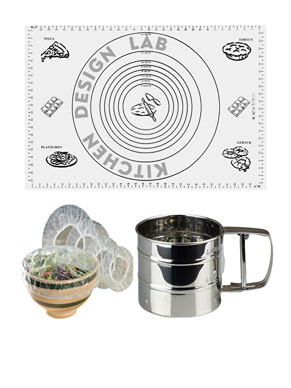 Kitchen Design Lab Beyaz 45x65 Cm Silikon Hamur Açma Matı, Çelik Un Eleği ve Hamur Dinlendirme Poşeti 8 li