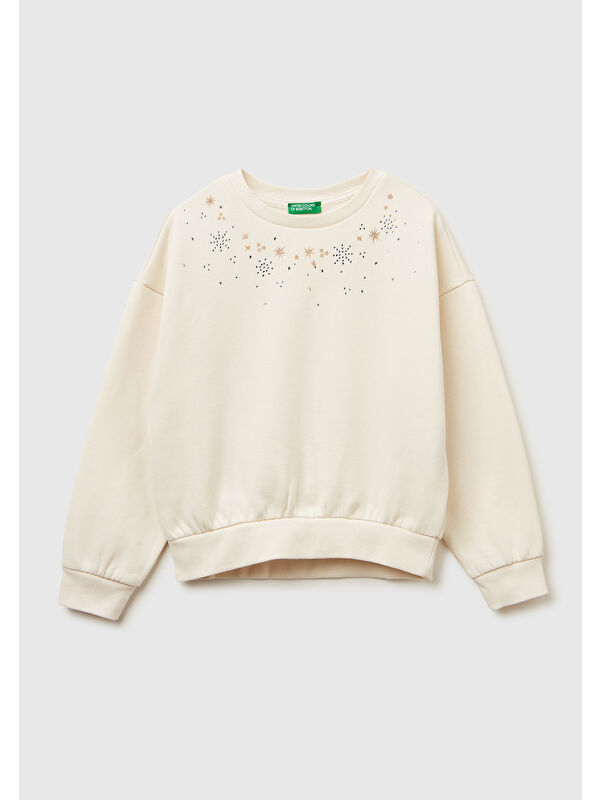 United Colors Of Benetton Kız Çocuk Ekru Önü Kristal Aplikeli Logo İşlemeli Ribanalı Sweatshirt