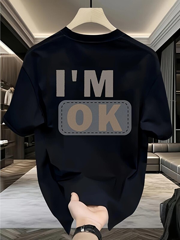 Oksit Unisex "I'M OK" Baskılı Oversize Pamuklu Tişört - Özel Tasarım Patch Detaylı