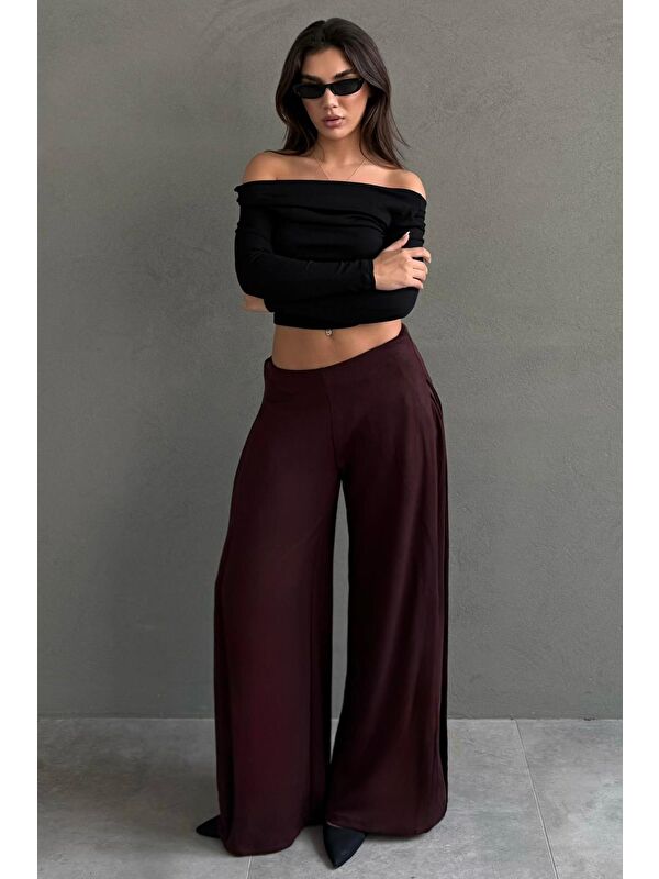 Madmext Bordo Yumuşak Dokunuşlu, Yanları Pilili, Modal İçeren Geniş Paça Pantolon Mg2668