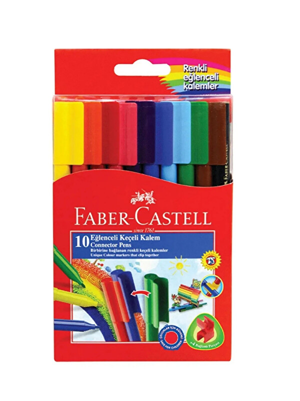 Faber-Castell Eğlenceli Keçeli Kalem 10 Renk, Dayanıklı ve Parlak Renkler, Su Bazlı Mürekkep, Bağlanabilir Kapak