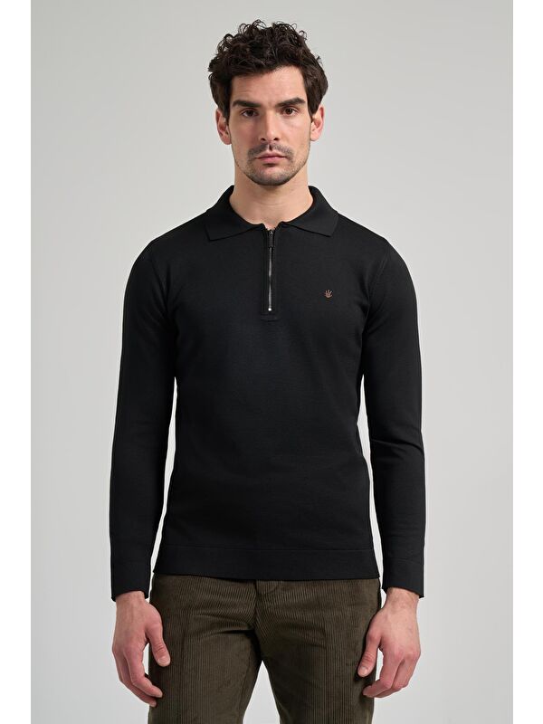 İMZA Siyah Polo Yaka Düz Casual Pamuklu Slim Fit Triko 1012245250