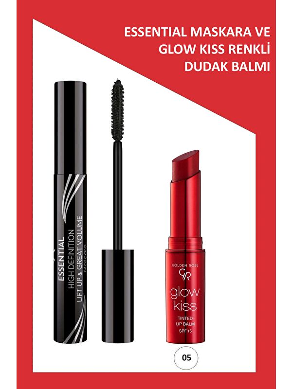 GOLDEN ROSE Essential Hacim Veren Maskara & Glow Kiss Renkli Dudak Nemlendirici No:05 Makyaj Seti