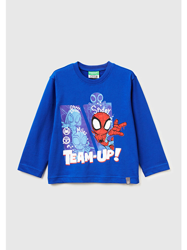 United Colors Of Benetton Erkek Çocuk Saks Mavisi Spiderman Baskılı Logo Etiketli  Jarse Uzun Kollu T-shirt