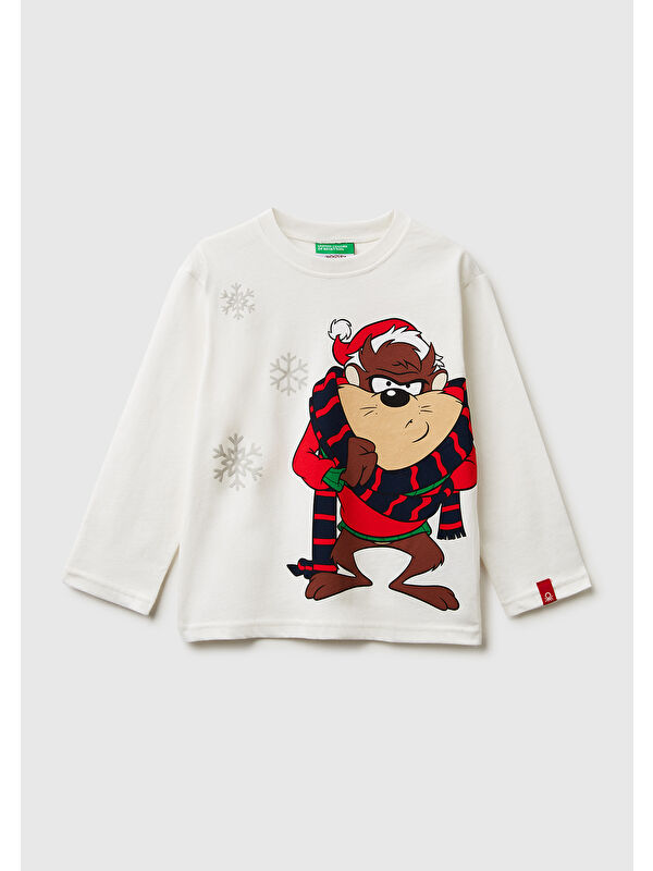 United Colors Of Benetton Erkek Çocuk Ekru Tazmanya Baskılı Logo Etiketli Jarse Oversize Uzun Kollu T-shirt