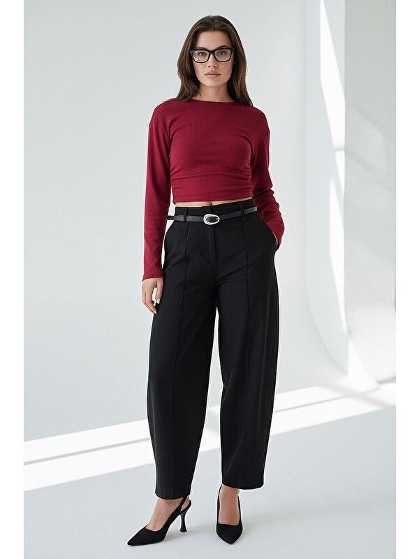 Madmext Siyah Modern Kesim Kemerli Yüksek Bel Bol Paça Kumaş Pantolon Mg2618