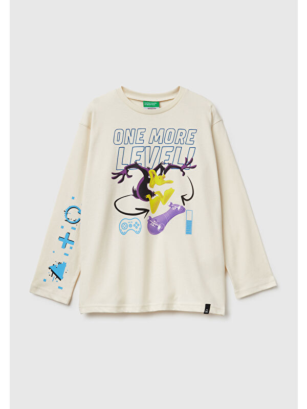 United Colors Of Benetton Erkek Çocuk Krem Tazmanya Baskılı Jarse Kabartmalı Uzun Kollu T-shirt