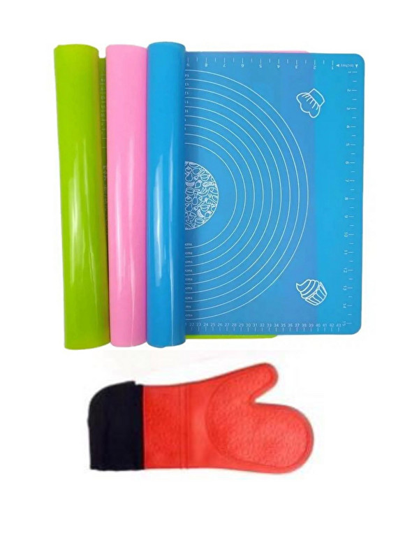 Kitchen Design Lab 2'li Set 45x65 Cm Silikon Hamur Açma Matı Ve Kırmızı Silikon Yanmaz Mutfak Fırın Eldiveni