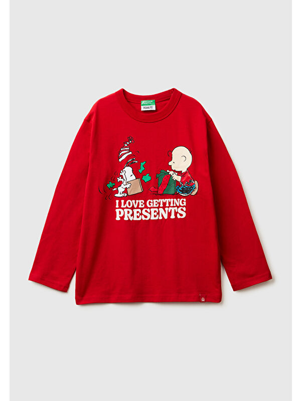United Colors Of Benetton Erkek Çocuk Kırmızı Peanuts XMAS Baskılı Logo Etiketli Kabartmalı Uzun Kollu T-shirt