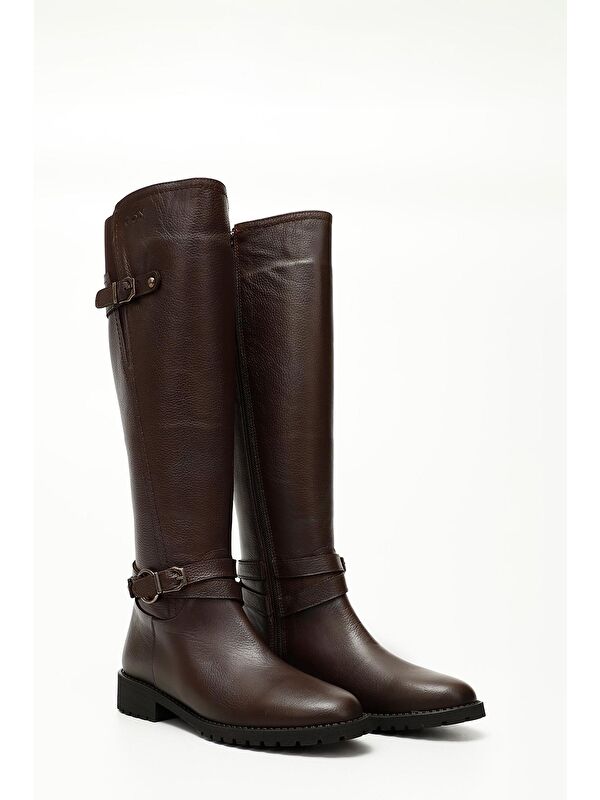 KIZIL KAHVERENGİ Hakiki Deri Yuvarlak Burun Kauçuk Taban Topuklu Tokalı Kadın Günlük Çizme 63564 - Görsel 3