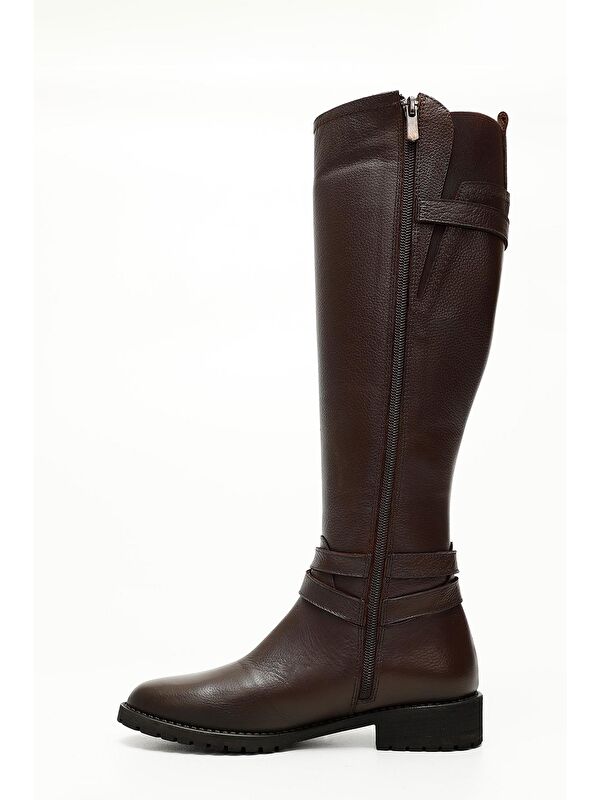 KIZIL KAHVERENGİ Hakiki Deri Yuvarlak Burun Kauçuk Taban Topuklu Tokalı Kadın Günlük Çizme 63564 - Görsel 4