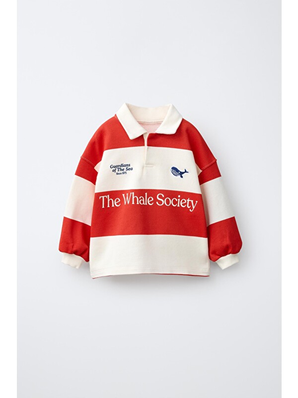 Magu Çocuk Pamuklu Balina Nakışlı Kırmızı Ekru Çizgili Polo Yaka Sweatshirt