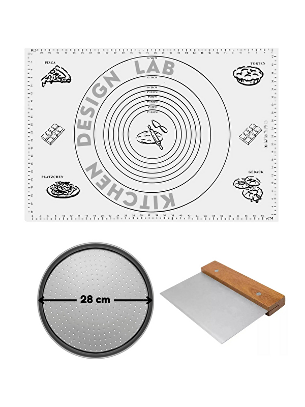 Kitchen Design Lab Beyaz Silikon Hamur Açma Matı 45 X 65 Cm, 28 Cm Pizza Tepsisi Ve Ahşap Saplı Hamur ve Pizza Kesici