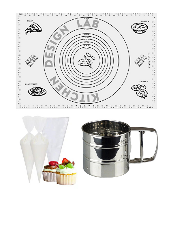 Kitchen Design Lab Beyaz 45x65 Cm Silikon Hamur Açma Matı, Çelik Un Eleği ve Kullan At Krema Sıkma Torbası Seti