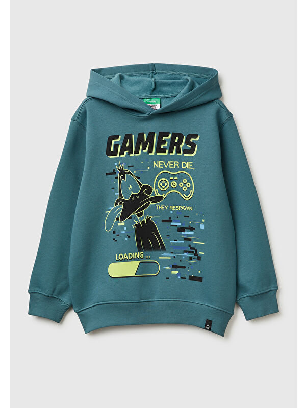 United Colors Of Benetton Erkek Çocuk Gri-Yeşil Tazmanya Baskılı Ribanalı Kapüşonlu Oversize Sweatshirt