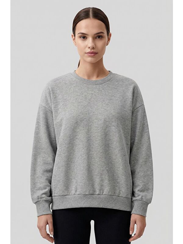 Tommylife Gri Melanj Basic O Yaka Oversize Kadın Sweatshirt - 97053