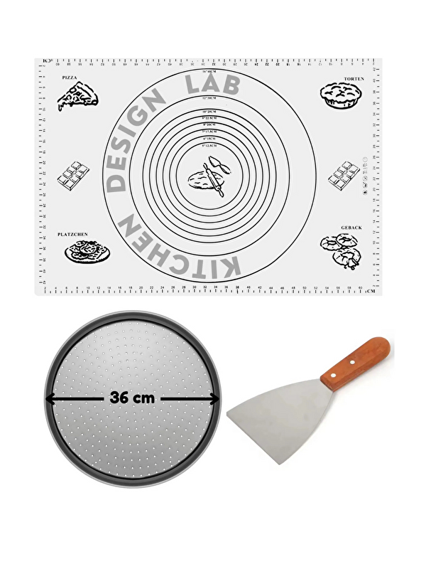 Kitchen Design Lab Beyaz Hamur Açma Matı 45 X 65 Cm, 36 Cm Pizza Tepsisi Ve Ahşap Uzun Saplı Hamur ve Pizza Kesici