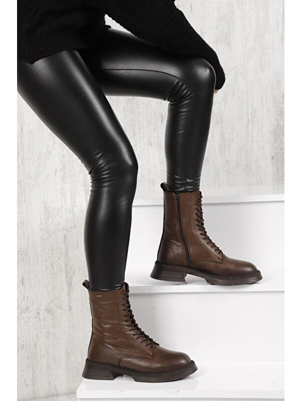 KIZIL KAHVERENGİ Hakiki Deri Yuvarlak Burun Termo Taban Bağcıklı Fermuarlı Kadın Postal Bot 51455 - Görsel 3