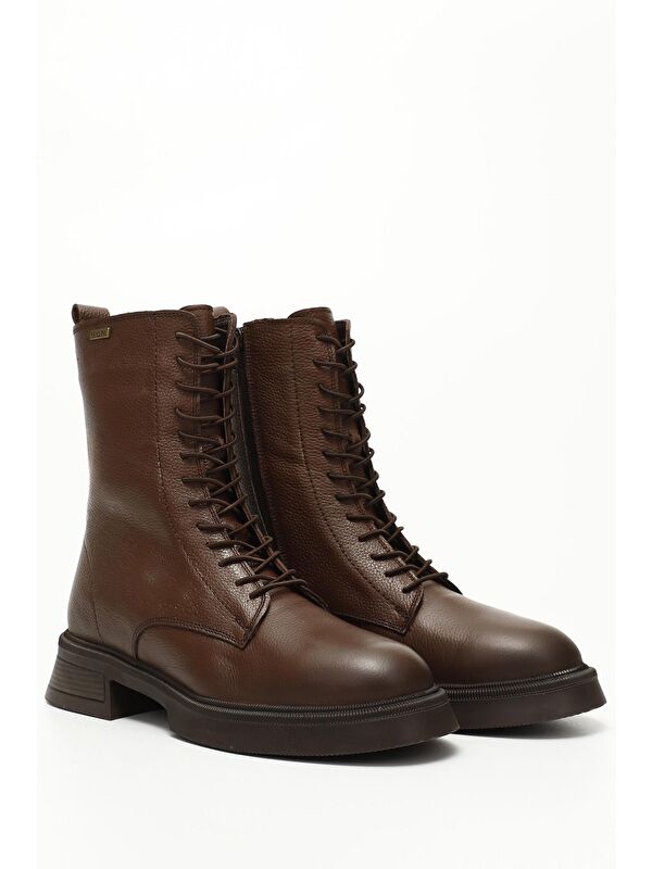 KIZIL KAHVERENGİ Hakiki Deri Yuvarlak Burun Termo Taban Bağcıklı Fermuarlı Kadın Postal Bot 51455 - Görsel 4