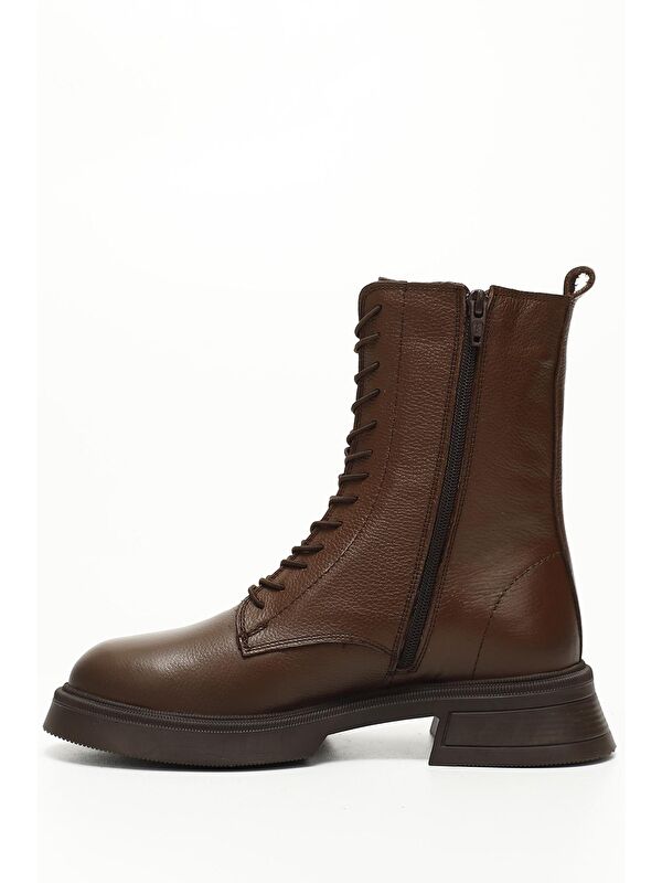 KIZIL KAHVERENGİ Hakiki Deri Yuvarlak Burun Termo Taban Bağcıklı Fermuarlı Kadın Postal Bot 51455 - Görsel 5