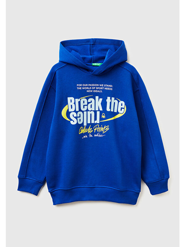 United Colors Of Benetton Erkek Çocuk Saks Mavisi Önü Baskılı Düşük Omuzlu Kapüşonlu Sweatshirt