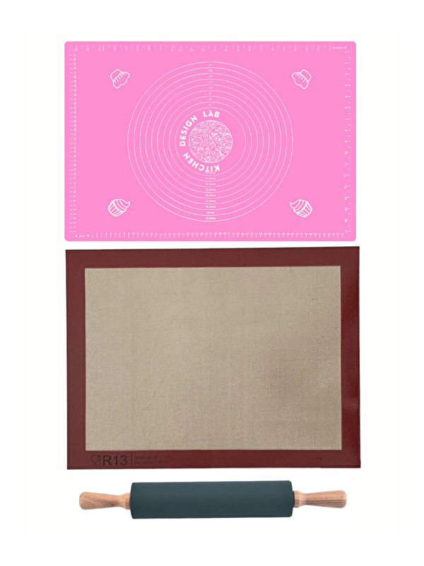 Kitchen Design Lab 1. Sınıf Fırın Pişirme Altlığı, Pembe Ölçülü Hamur Açma Matı 45 X 65 Cm, Bambu Saplı Silikon Merdane